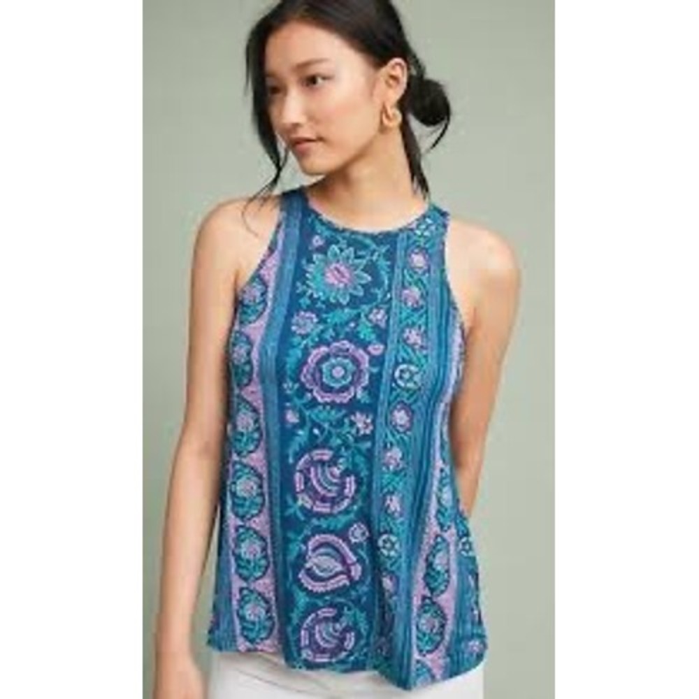 Anthropologie Akemi + Kin Blue Floral Crochet Lace Back Tank Top Womens Medium
